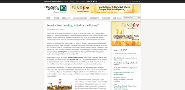 Financial Advisor IQ   Peer to Peer Lending  A Fad or the Future peer-to-peer lending