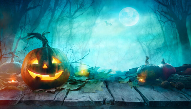Halloween,Pumpkins,On,Wood.,Halloween,Background,At,Night,Forest,With