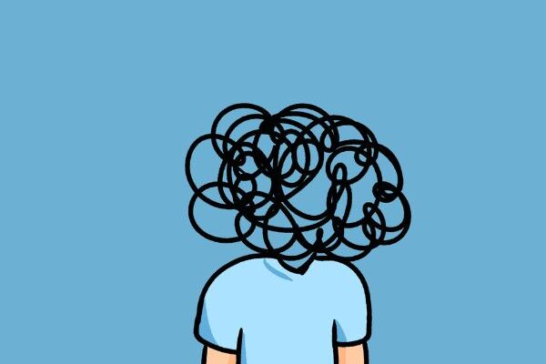cartoon of a man with squiggly lines for a head